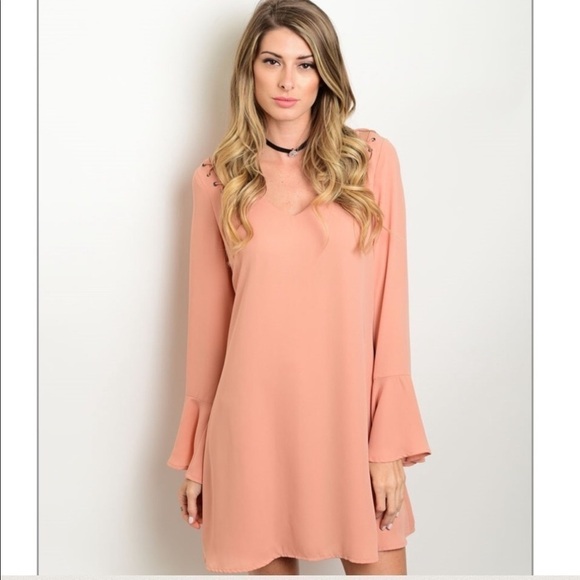 Stitched Shoulders With Bell Sleeve Mini Dress In Peach Pink NWT - Picture 1 of 4